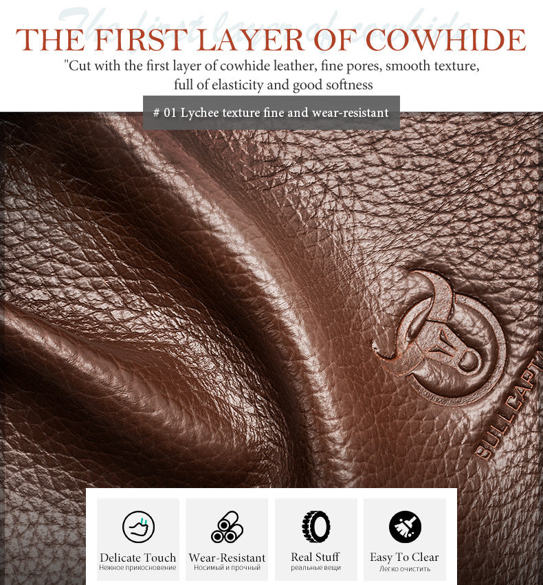 Close-up of cowhide leather with a brand logo, highlighting its texture and qualities.