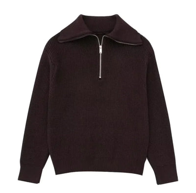 Brown sweater with a collar and zipper on a white background