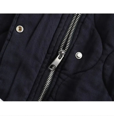 Close-up of a navy blue jacket with a silver zipper and buttons.