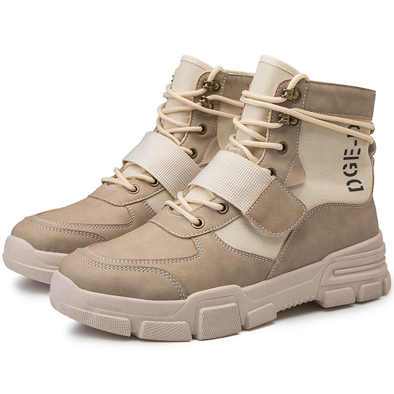 Pair of beige high-top sneakers with brand logo on a white background