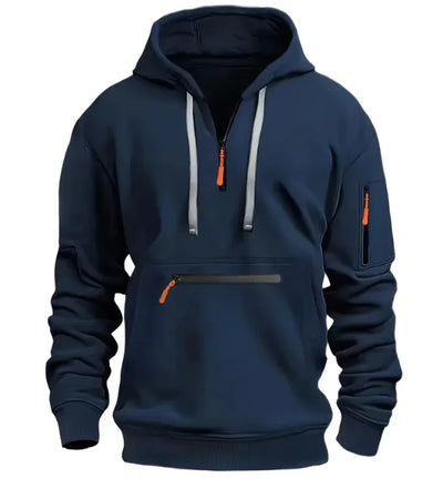 Navy blue hoodie with orange zippers on a white background