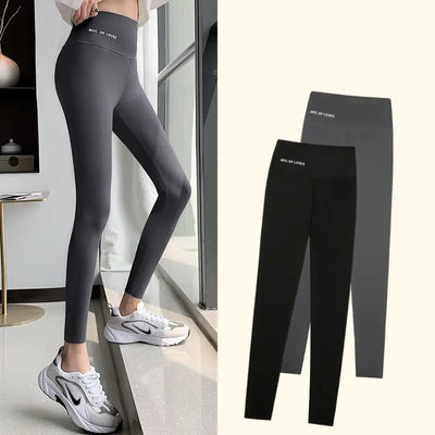Gray leggings with a brand logo worn by a person, shown from different angles.