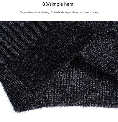 Close-up of a textured black fabric with '03/simple hem' text above.