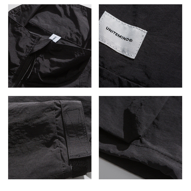 Close-up Collage of a black jacket with 'UNITEMIND' label on various parts.