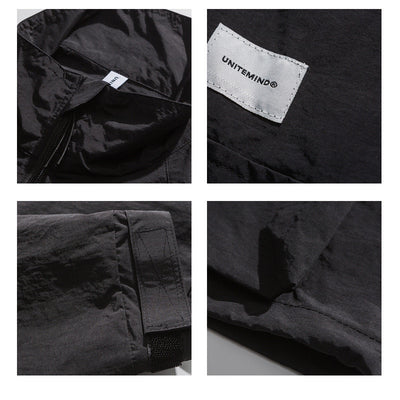 Close-up Collage of a black jacket with 'UNITEMIND' label on various parts.