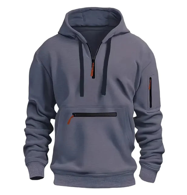 Gray hoodie with black zippers on a white background