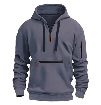Gray hoodie with black zippers on a white background