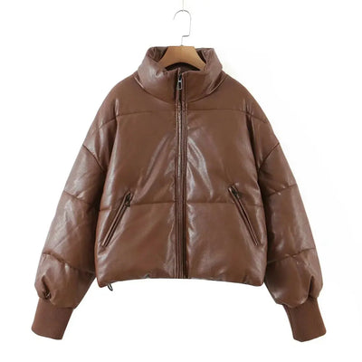 women's brown winter cotton jacket with zipper pockets