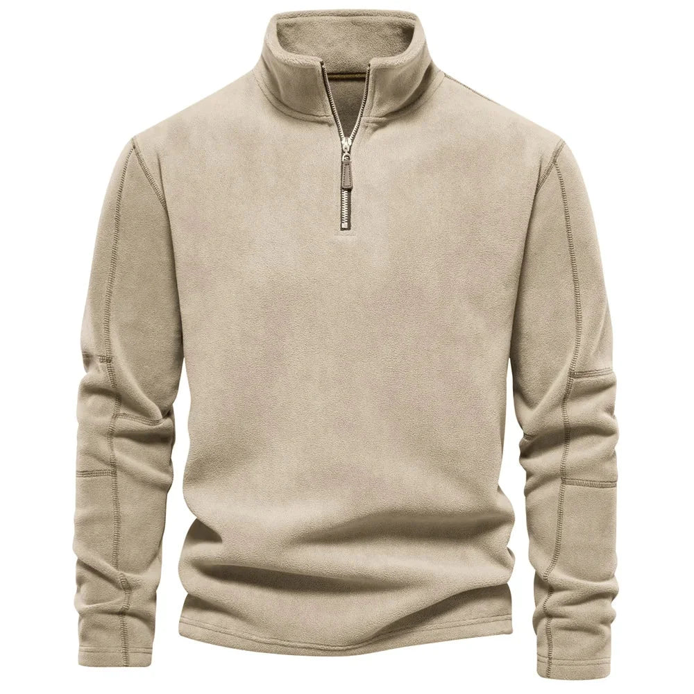 Beige fleece pullover with a zipper on a white background