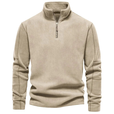 Beige fleece pullover with a zipper on a white background