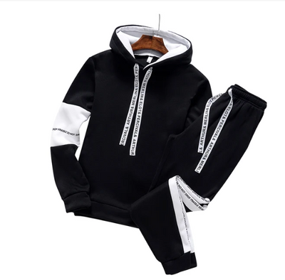Black tracksuit with white accents on a white background