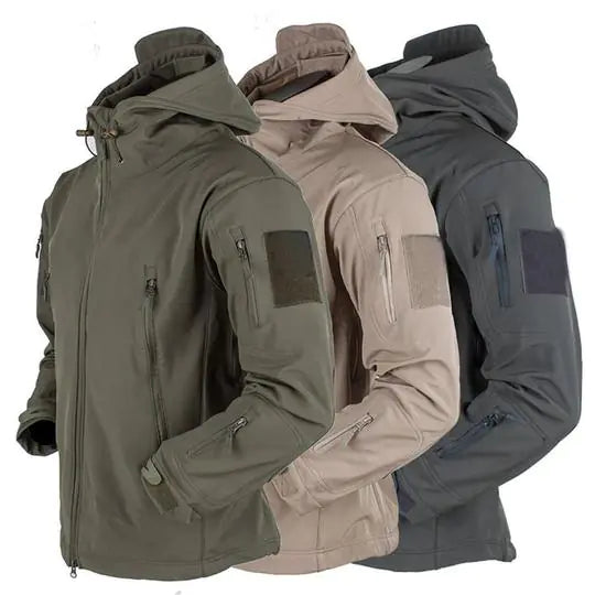 Three tactical jackets in green, beige, and gray on a white background