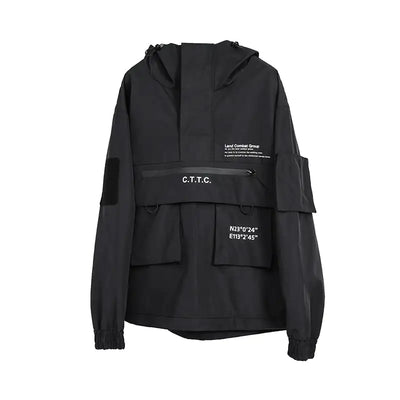 Black jacket with white text on a white background