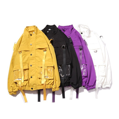 Four jackets in yellow, black, purple, and white on a white background