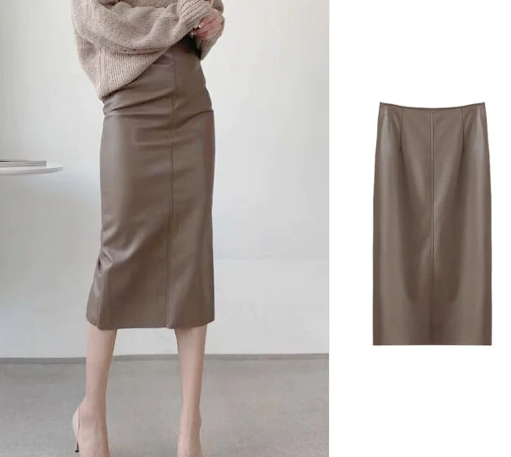 Leather High Waist Pencil Skirt with Back Slit - front view