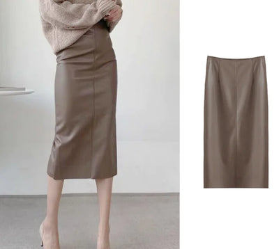 Leather High Waist Pencil Skirt with Back Slit - front view