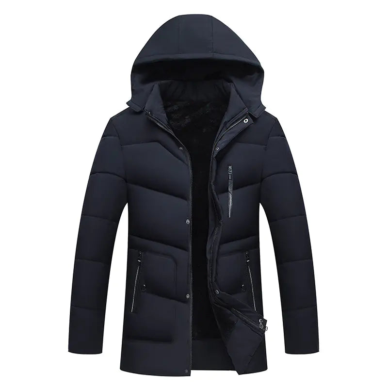 Black hooded winter jacket on a white background
