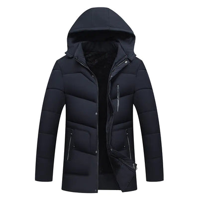 Black hooded winter jacket on a white background