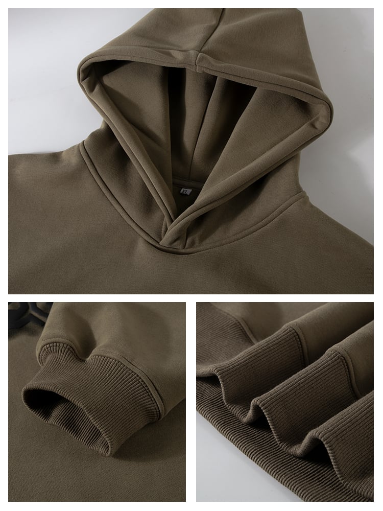 Collage of a brown hoodie showing close-up details on a neutral background