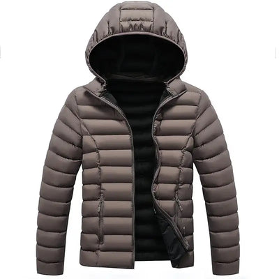 Gray puffer jacket with a hood on a white background
