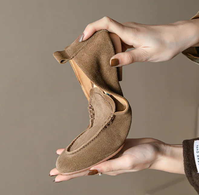 Women's Brown Suede Loafers - Classic Retro Slip-On Shoes - side view
