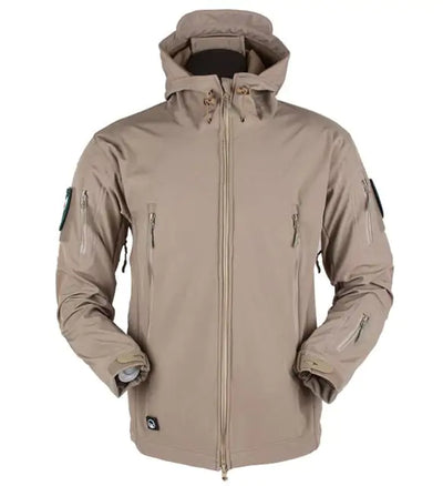 Beige jacket with multiple zippers and pockets on a white background
