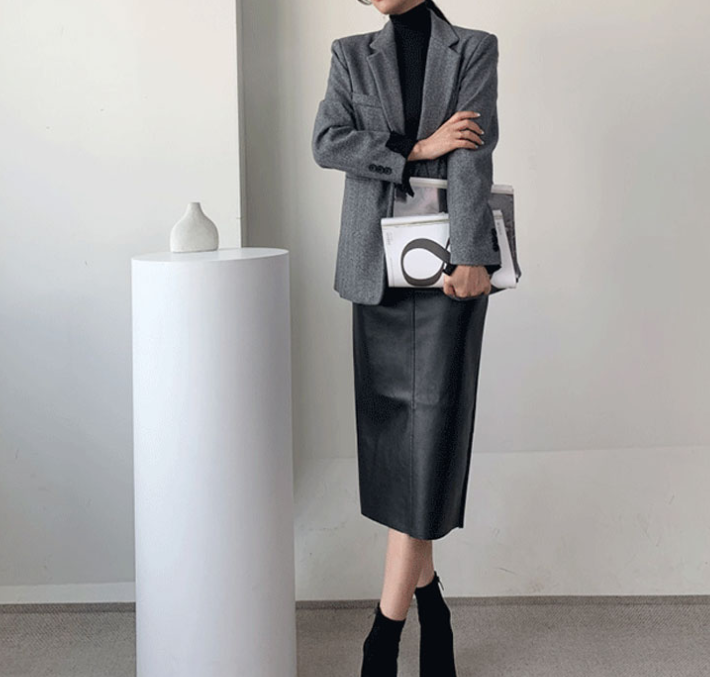 Leather High Waist Pencil Skirt with Back Slit - front view