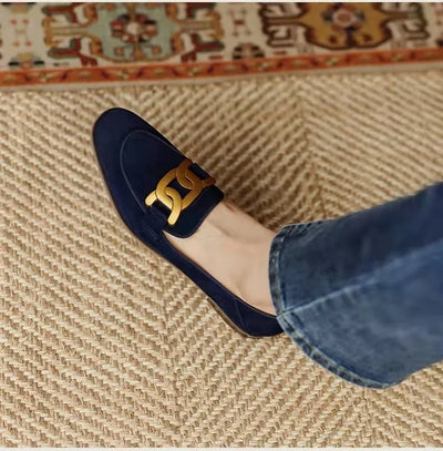 Metal Buckleslat Suede Shoes navy front view