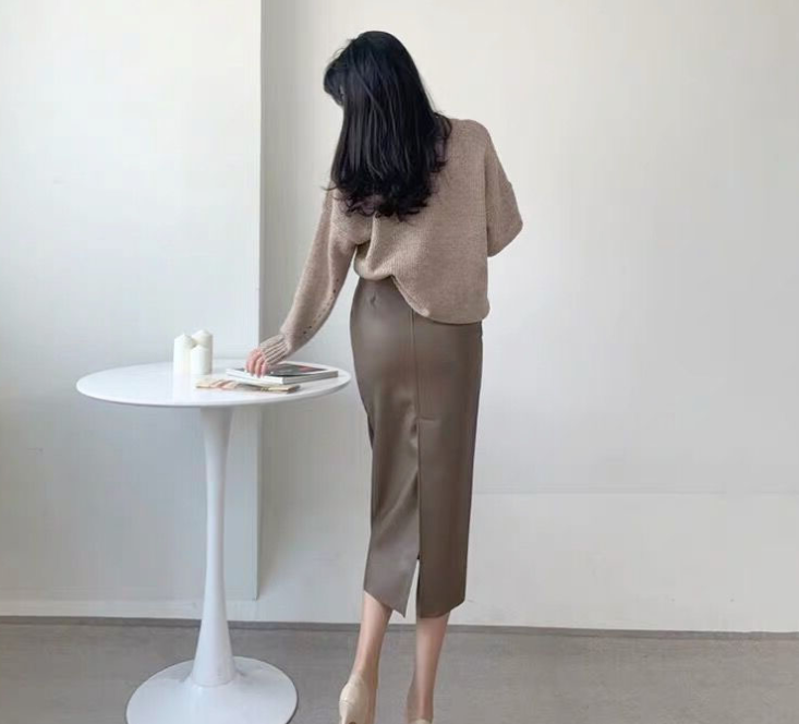 Brown Leather High Waist Pencil Skirt with Back Slit - front view