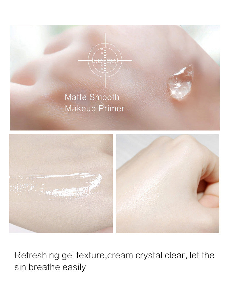 Makeup primer being applied to skin with text describing its texture and benefits.