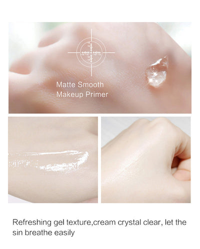Makeup primer being applied to skin with text describing its texture and benefits.