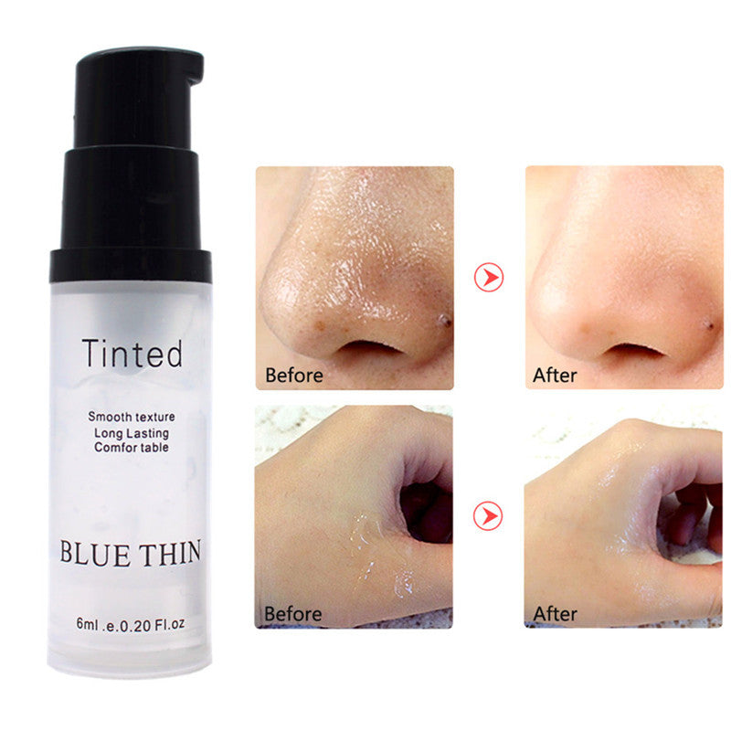 Bottle of Blue Thin tinted product with 'Before' and 'After' skin comparisons.