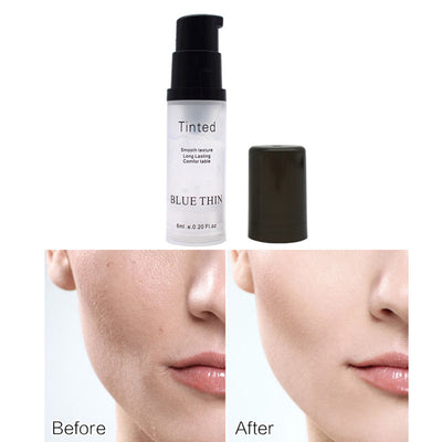 Cosmetic bottle labeled 'Blue Thin' with 'Tinted' text, showing a before-and-after effect on skin.