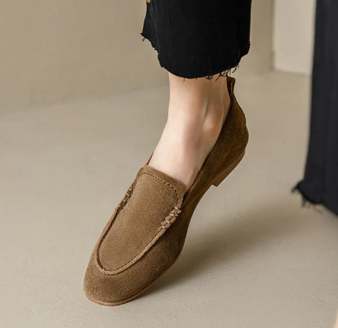 Women's Brown Suede Loafers - Classic Retro Slip-On Shoes - front view