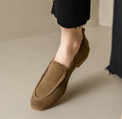 Women's Brown Suede Loafers - Classic Retro Slip-On Shoes - front view