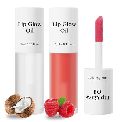 Lip Glow Oil with packaging, applicator, and ingredients on a white background