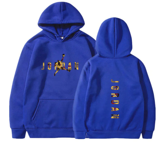Blue hoodie with Jordan logo on front and back