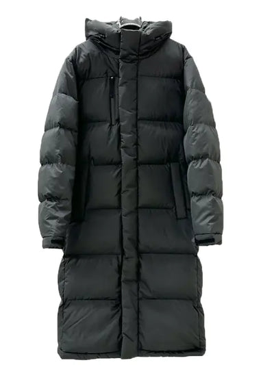 Long black puffer coat on a white background