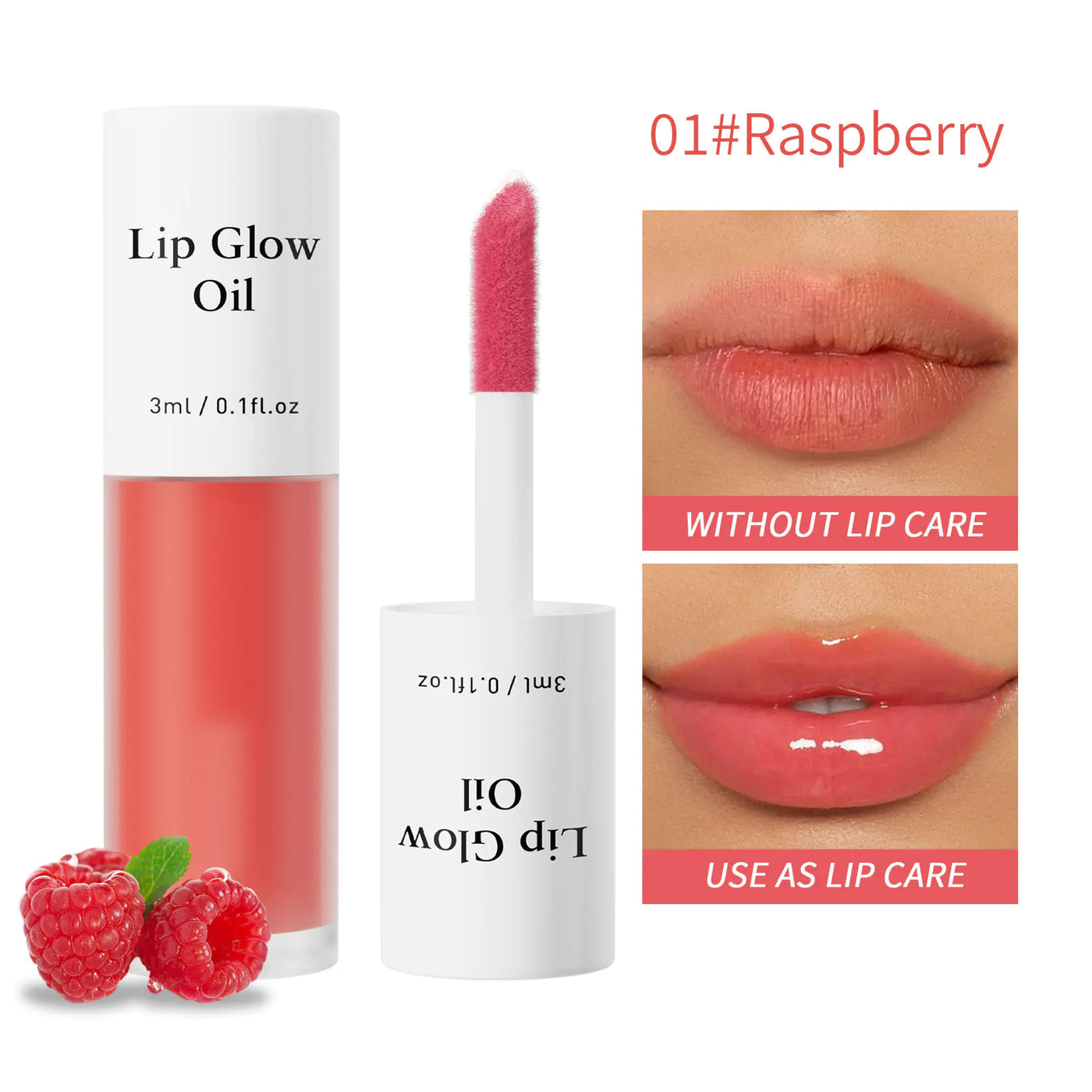 Lip Glow Oil with raspberry flavor, shown with a dropper and close-up of lips.