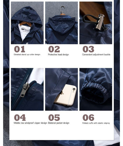 Navy blue jacket with various features highlighted on a white background