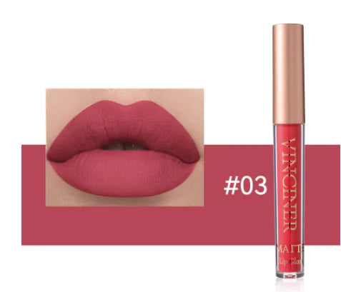 Lipstick with a close-up of lips wearing the color, brand 'Vancrop' visible