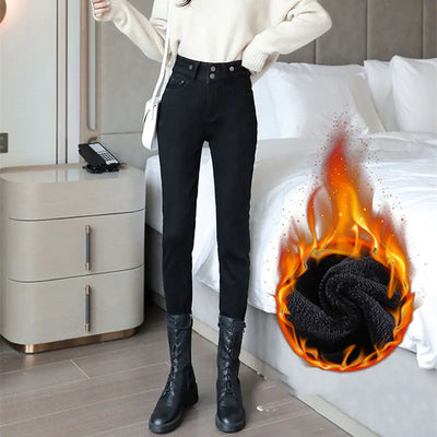 high waist fleece denim leggings with boots