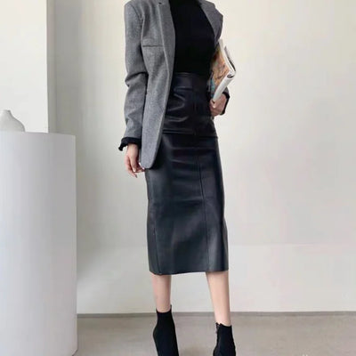 Black Leather High Waist Pencil Skirt with Back Slit - front view
