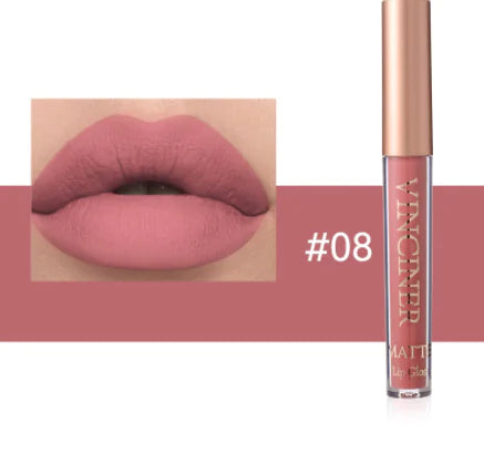 Lipstick with a close-up of lips wearing the shade, brand 'Vantona' visible