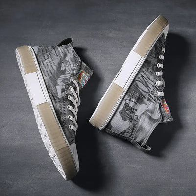 Pair of sneakers with a unique design on a dark gray background