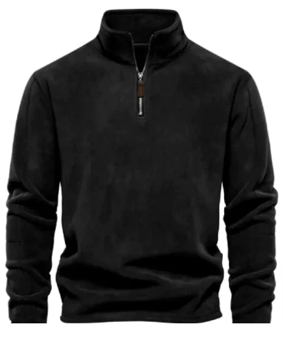 Black quarter-zip sweatshirt on a white background