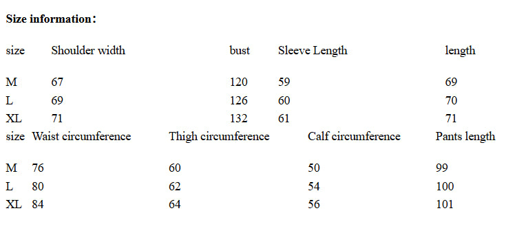 Size chart for clothing with shoulder width, bust, sleeve length, and other measurements.