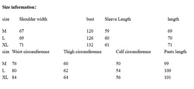 Size chart for clothing with shoulder width, bust, sleeve length, and other measurements.