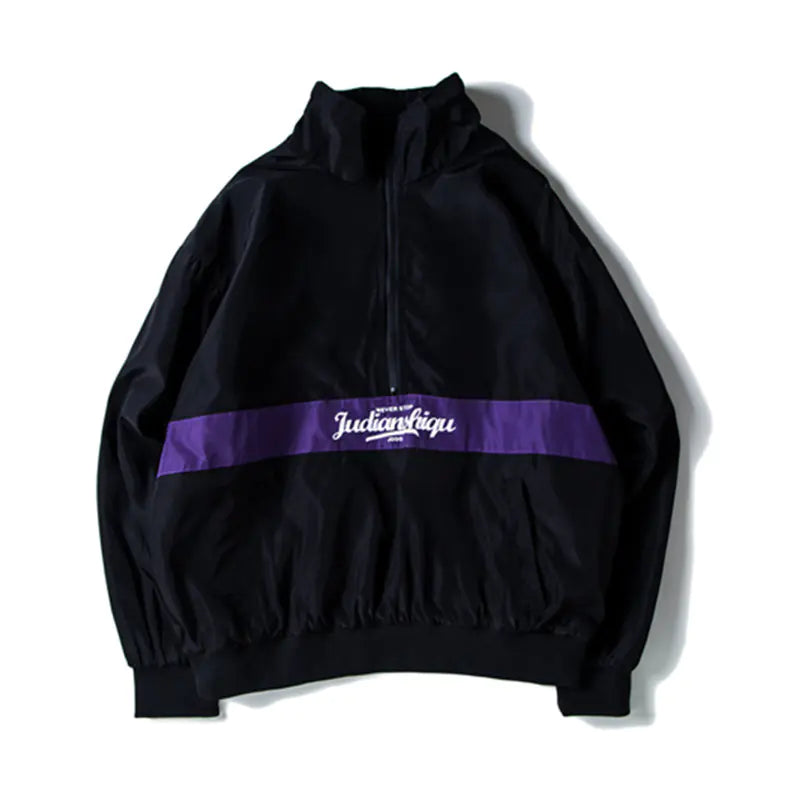 Black jacket with a purple stripe featuring a brand logo on a white background