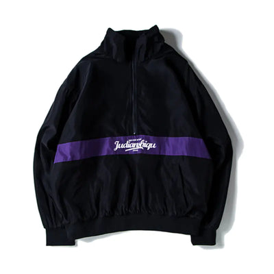 Black jacket with a purple stripe featuring a brand logo on a white background